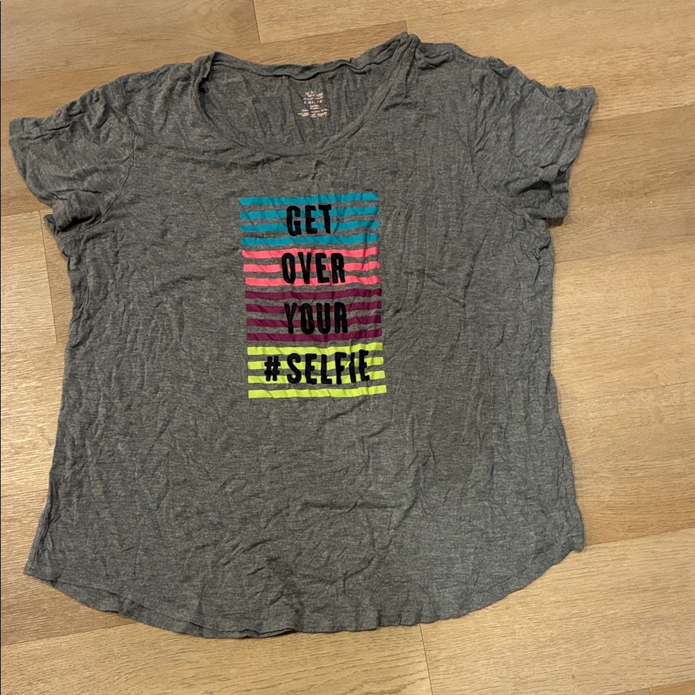 Gray Graphic Tee with Multicolor Stripes